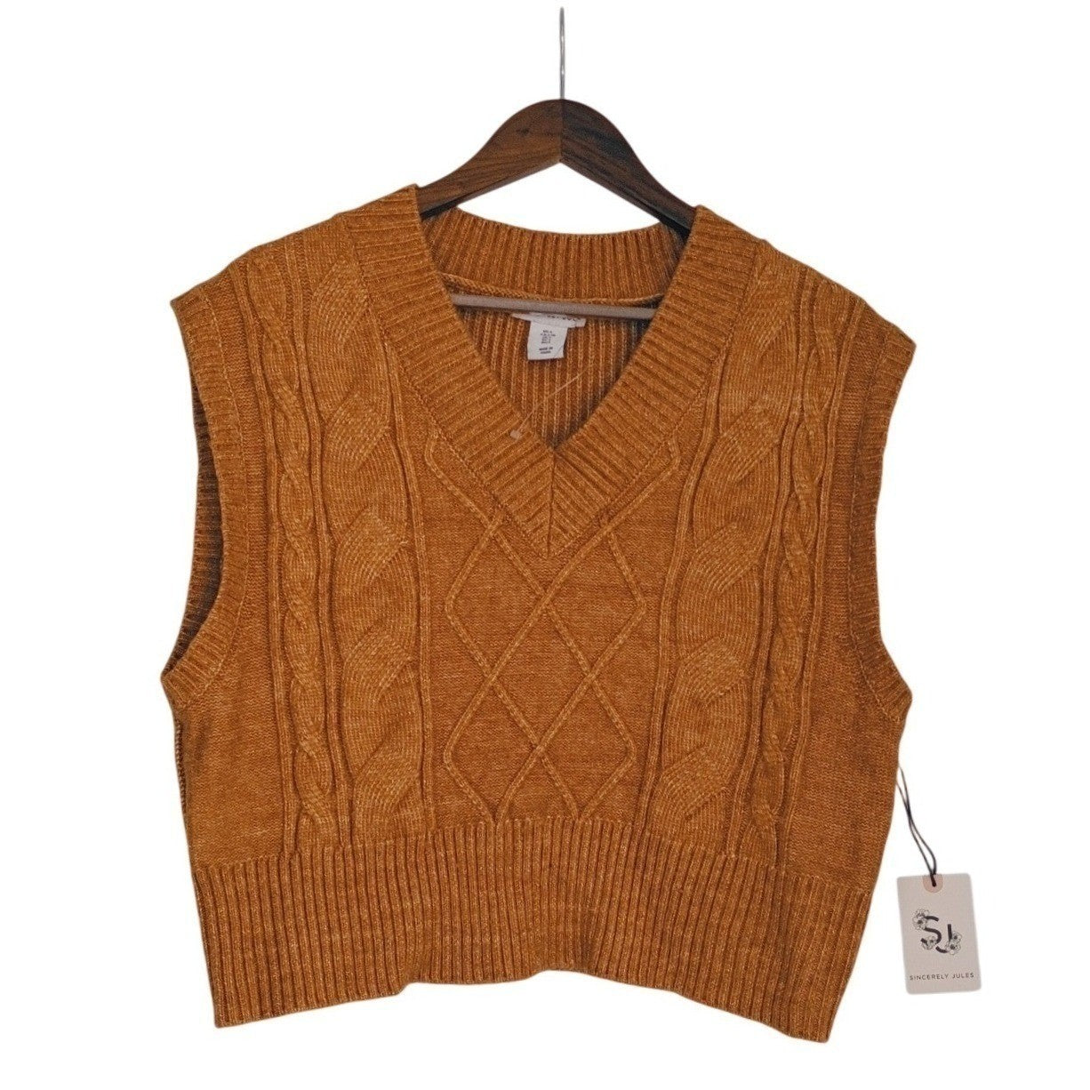 Sincerely Jules NWT Cable Knit Sweater Vest L Amber Orange Preppy Y2K Style