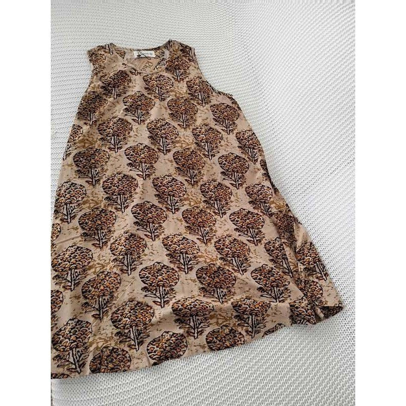 NWT RHEA Earthy Tan Orange Floral Tree Shift Dress S/M Artisan Boho Viscose