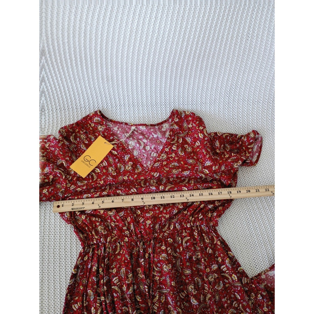 NWT Grecerelle Red Paisley Floral Maxi Dress V-Neck Short Sleeve Elastic Waist M