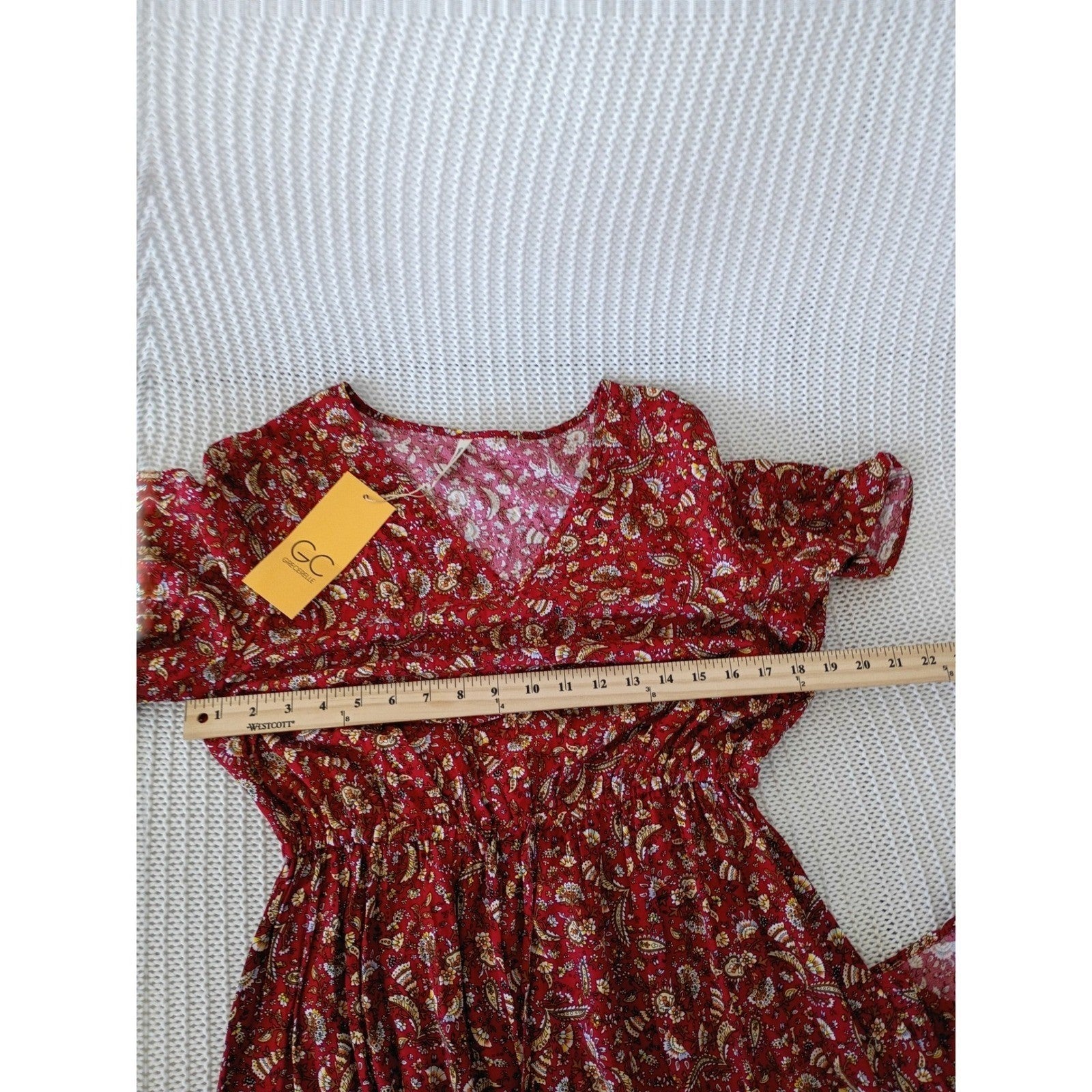 NWT Grecerelle Red Paisley Floral Maxi Dress V-Neck Short Sleeve Elastic Waist M