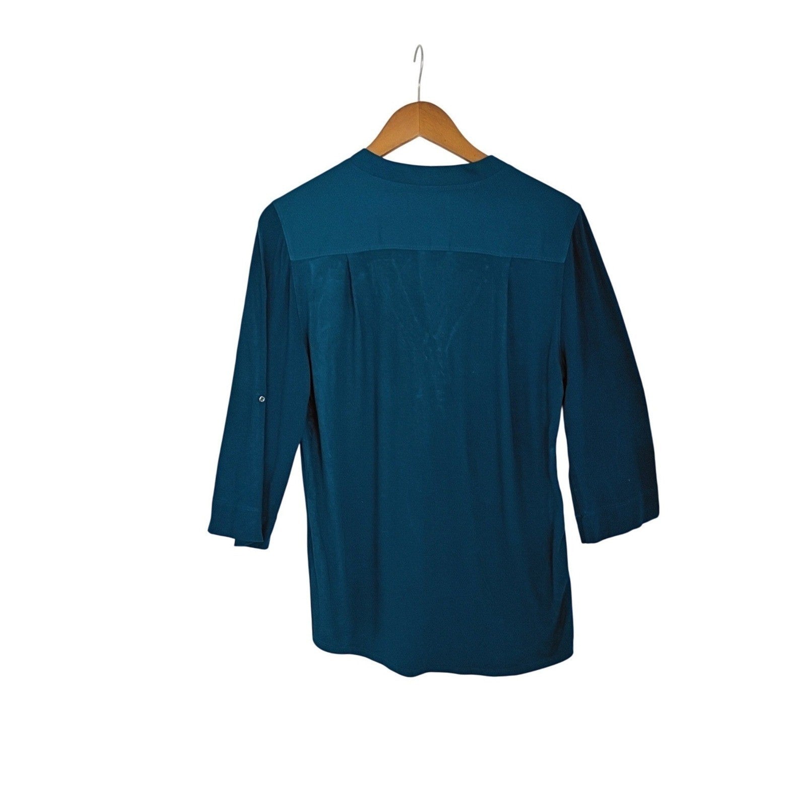 Calvin Klein Teal Blue 3/4 Sleeve V Neck Roll Tab Pocket Shirt Women's M