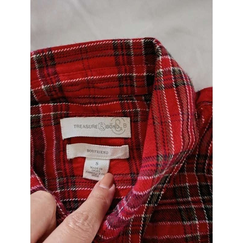 Treasure Bond Plaid Boyfriend Shirt Red  Long Sleeve Cotton Blend Size S