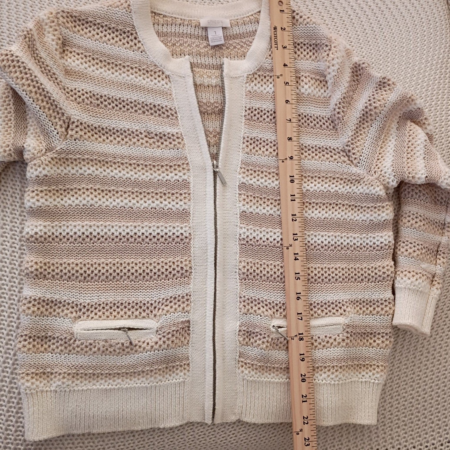 CHICO'S Neutral Zip Cardigan Beige Stripe Cotton Blend M NWOT Effortless Polish