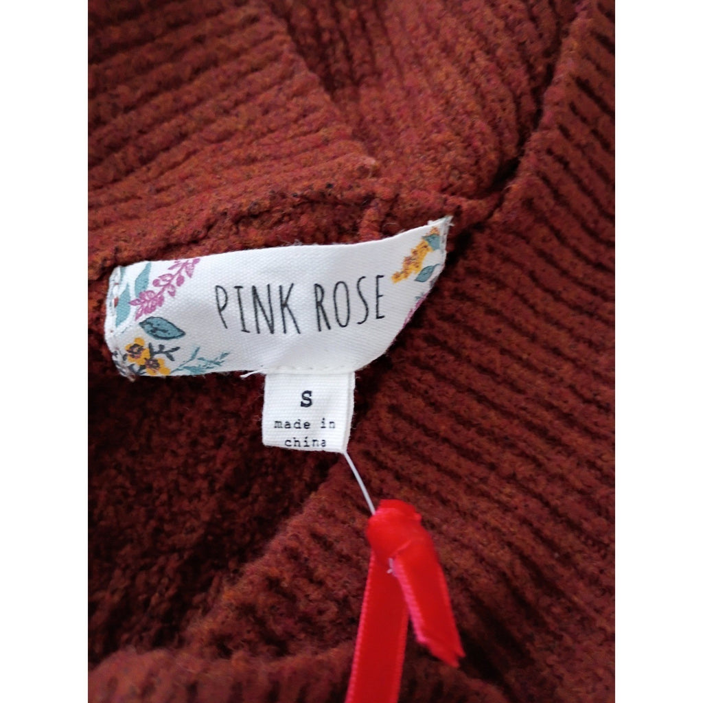 PINK ROSE NWT Cozy Rusty Brown Cross-Neck Waffle Knit Sweater Size S Casual Chic