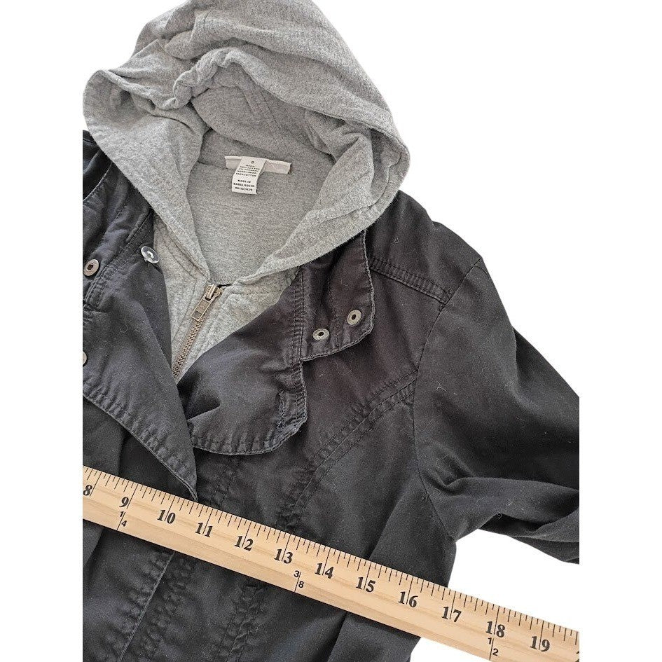 Style & Co 98% Cotton Utility Jacket Black Hooded Drawstring Effortless S