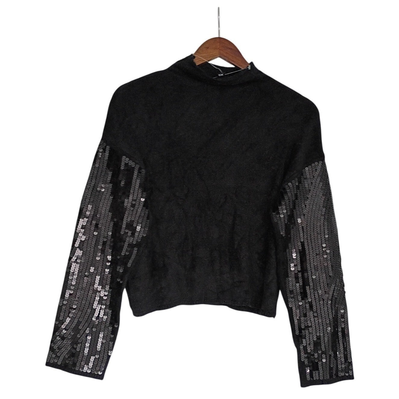 NWT Sequin Cropped Mock Neck Sweater Black Marled Party Knit Fits S