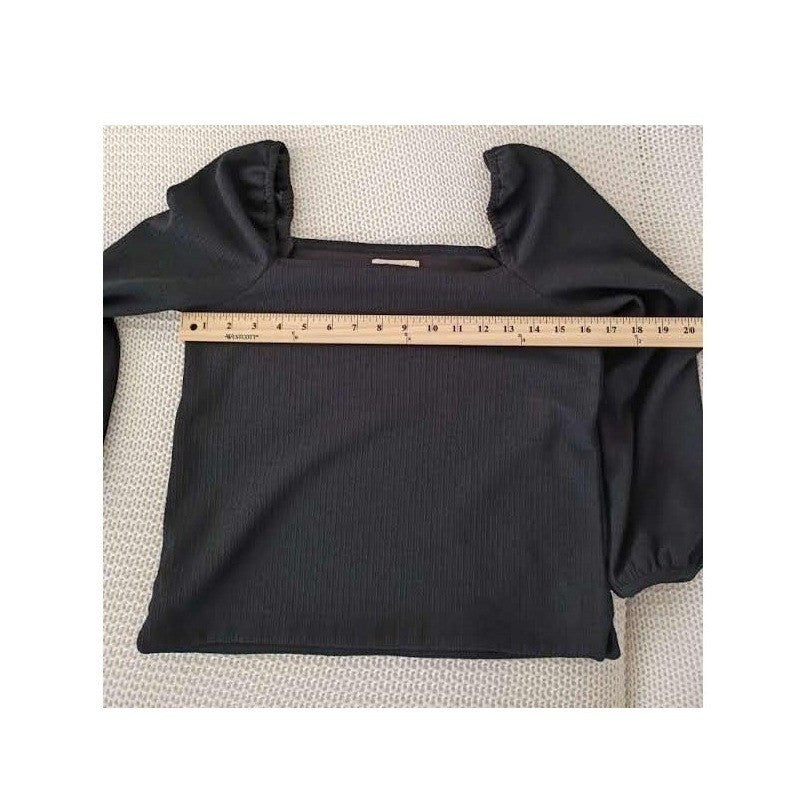 Madewell Romantic Soft Girl Black Square Neck Puff Sleeve Top Fitted Knit S