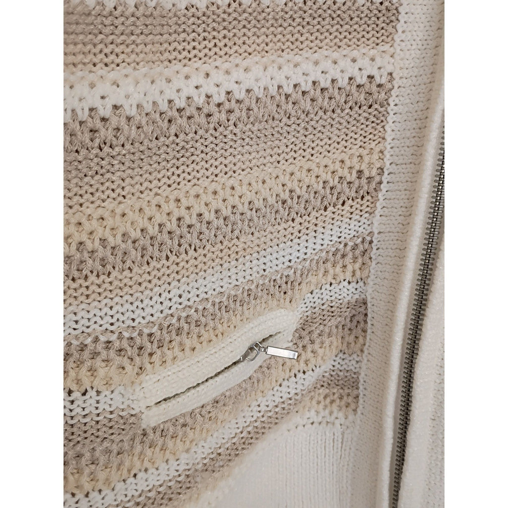 CHICO'S Neutral Zip Cardigan Beige Stripe Cotton Blend M NWOT Effortless Polish