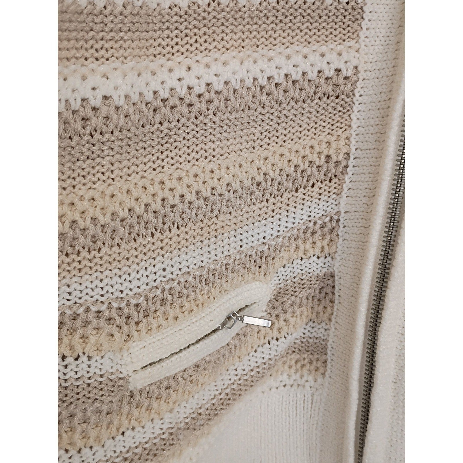 CHICO'S Neutral Zip Cardigan Beige Stripe Cotton Blend M NWOT Effortless Polish