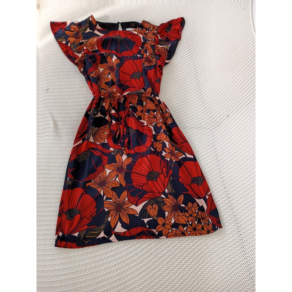 LOFT Poppy Floral Flutter Sleeve Tie Waist Mini Dress S Black Orange Boho Summer