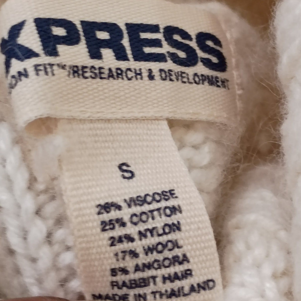 Express Y2K Ivory Ribbed Turtleneck Sweater Wool Angora Pointelle Coquette XS