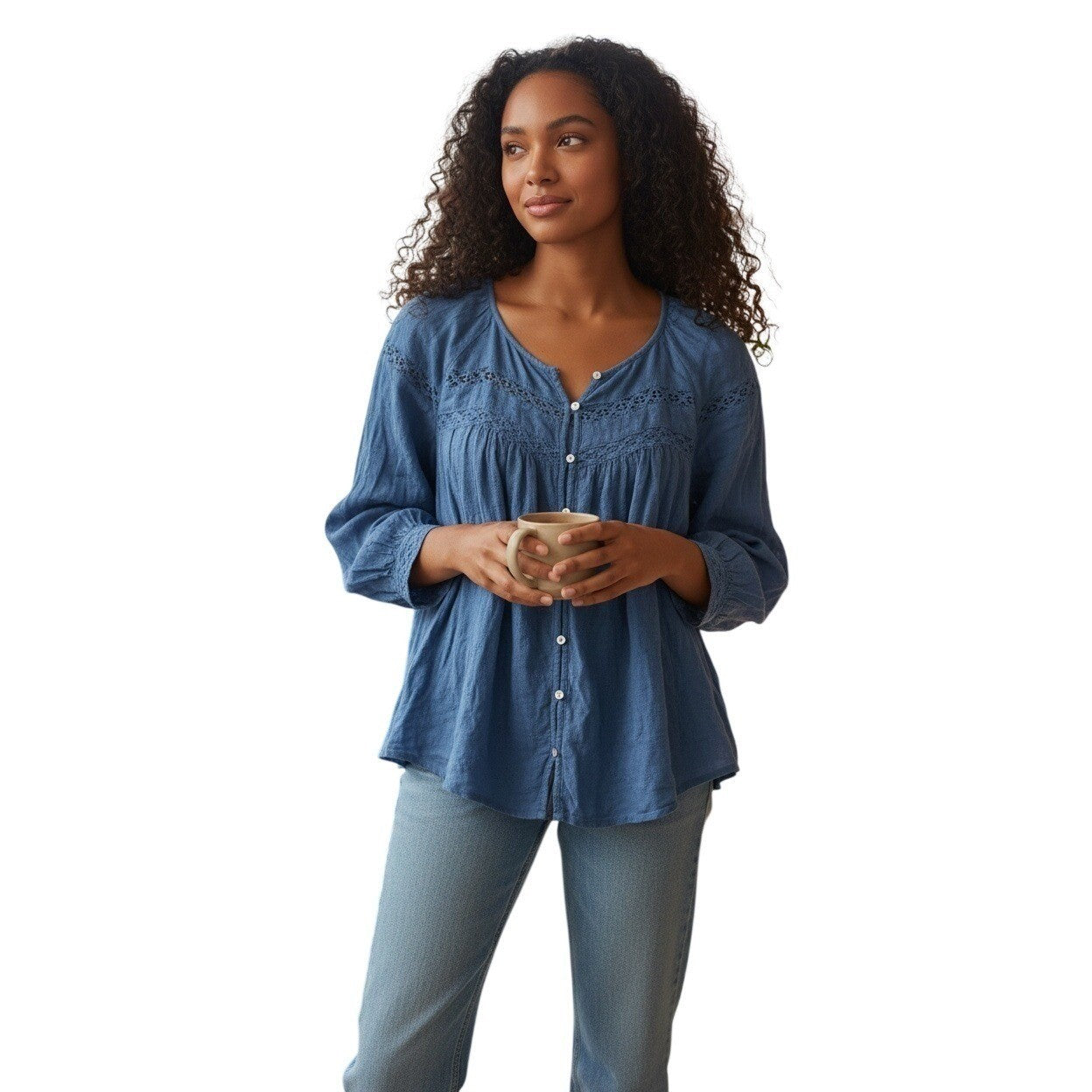 Old Navy Boho Embroidered Peasant Blouse Blue Lace Inset Cottagecore Top M