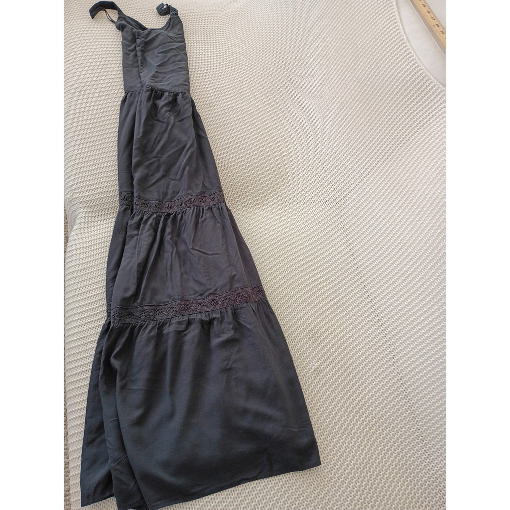 NWT Splendid Dark Gray Tiered Maxi Dress Crochet Lace Trim Boho Viscose M $188