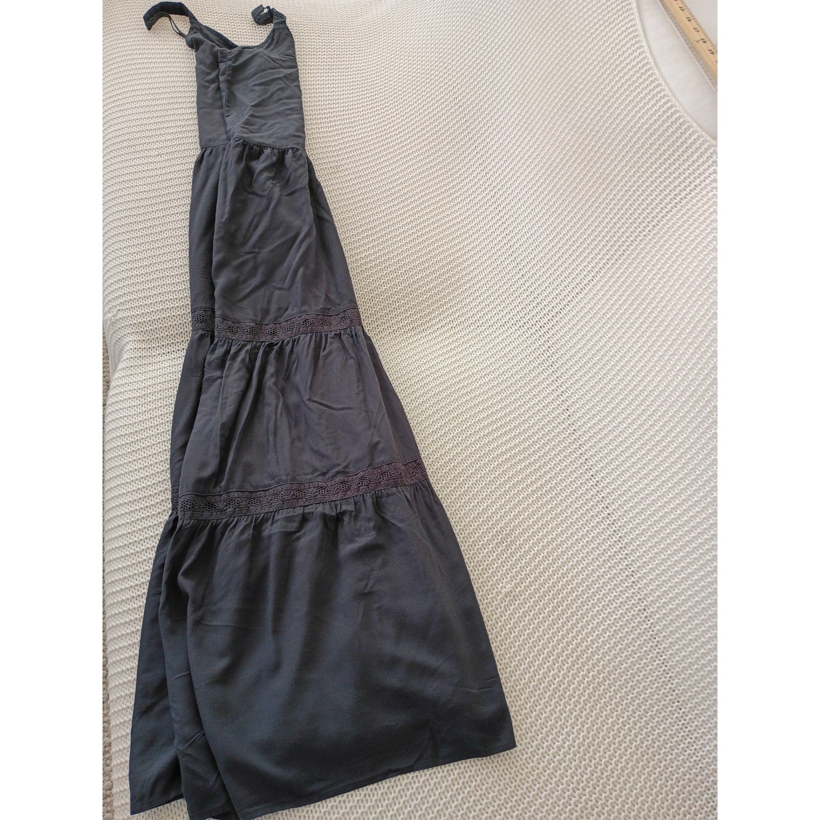 NWT Splendid Dark Gray Tiered Maxi Dress Crochet Lace Trim Boho Viscose M $188