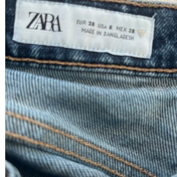 ZARA Blue Denim Cropped Bootcut Flare Jeans 28x25 Raw Hem High Rise Y2K Retro