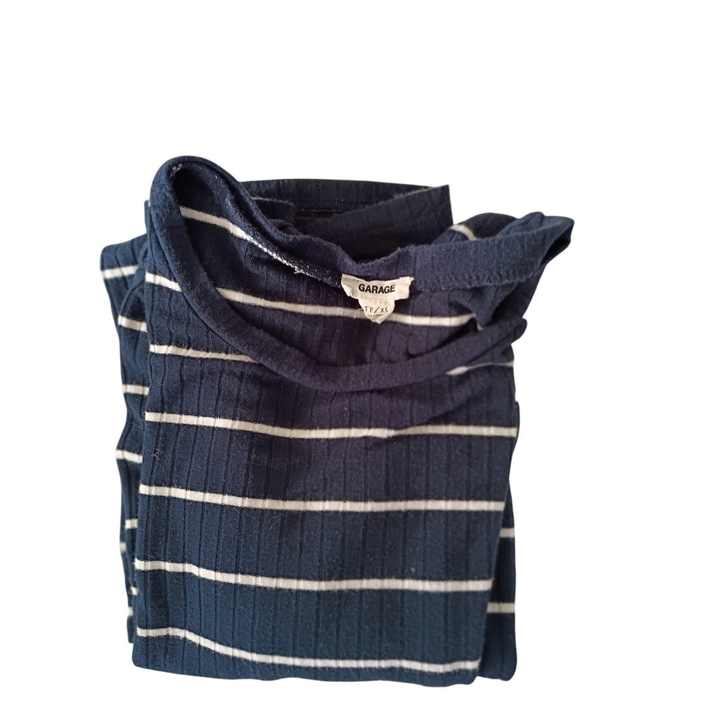 GARAGE Striped Distressed Ribbed Knit Crop Top Navy White XS
