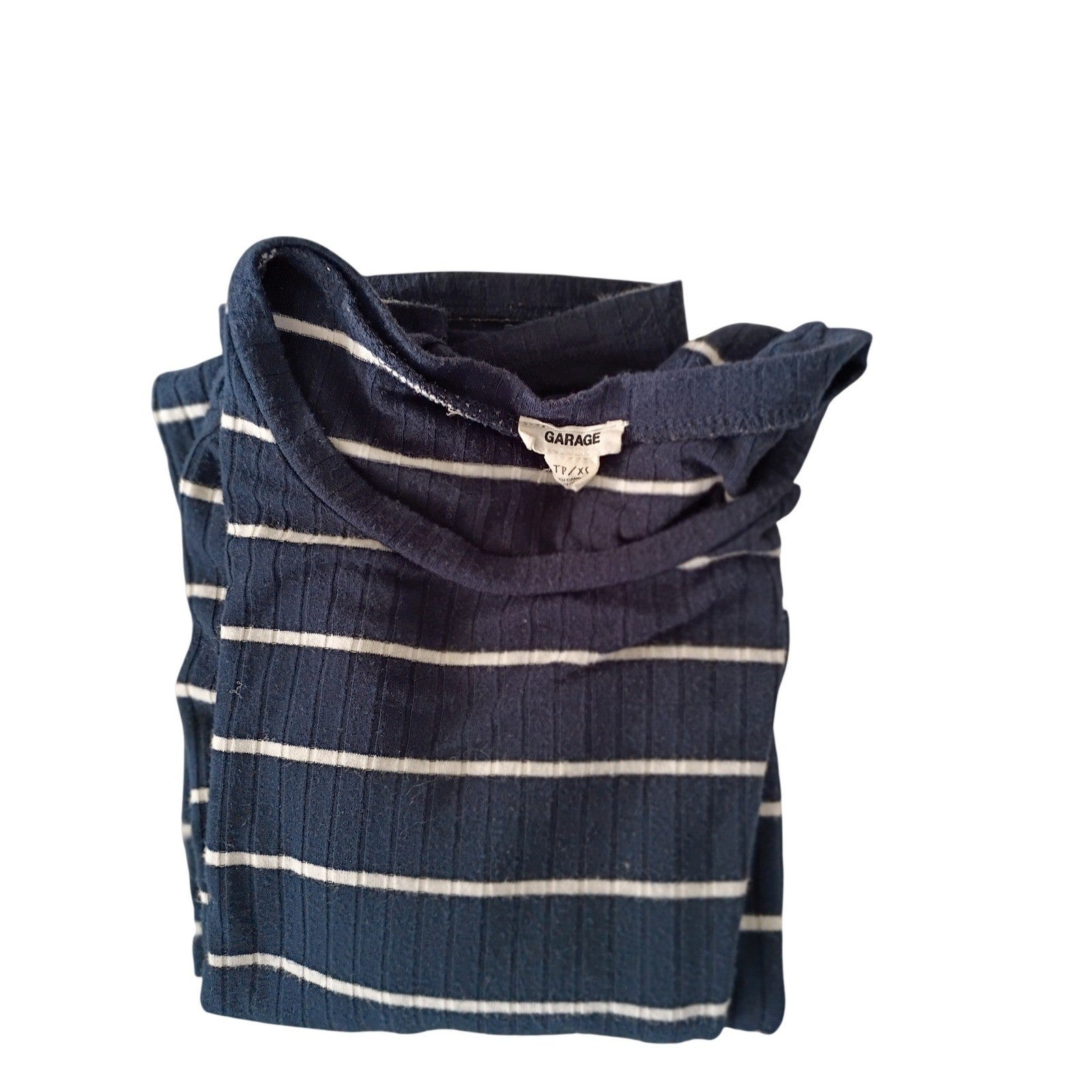 GARAGE Striped Distressed Ribbed Knit Crop Top Navy White XS