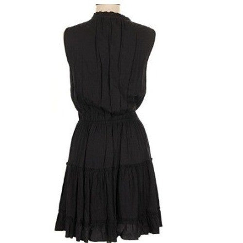 Insulation 100% Cotton Tiered Mini Dress M Black Ruffle Tie Neck Boho Dainty LBD