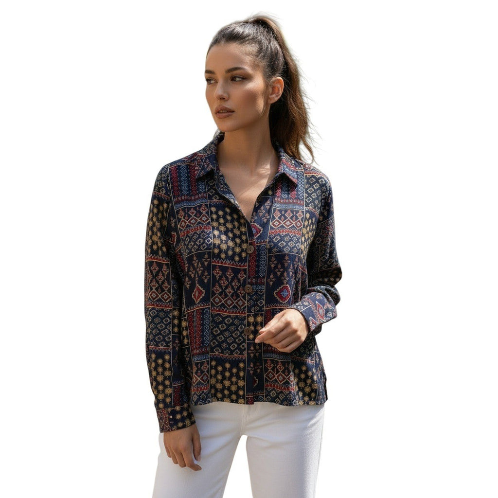 RHEA NWT Silk Blend Navy Patchwork Block Print Button Down Shirt S/M Boho India