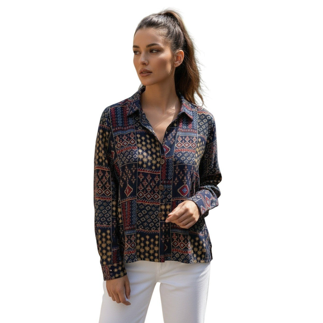 RHEA NWT Silk Blend Navy Patchwork Block Print Button Down Shirt S/M Boho India
