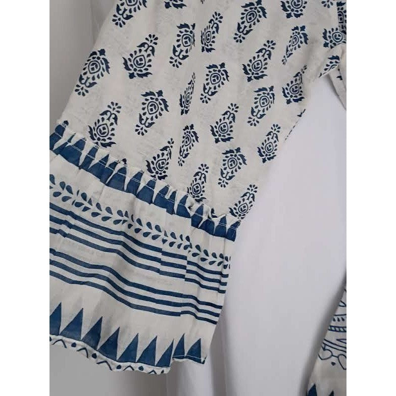 RHEA Blue White Block Print 100% Cotton Blouse L/XL Boho Bell Sleeve Tie Artisan