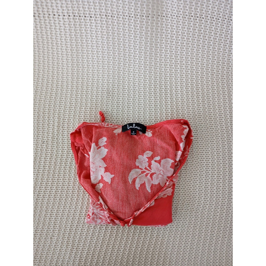 Lulus Coquette Red White Floral Tie Front Crop Top Puff Sleeve Milkmaid S