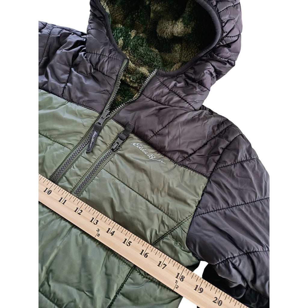 Eddie Bauer Reversible Camo Puffer Jacket Fleece Hooded Black Green Women's S