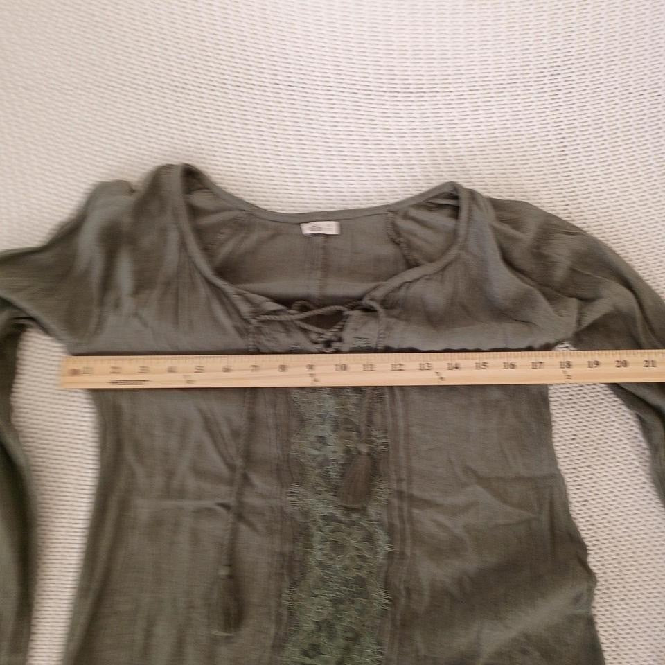Hollister Olive Cotton Gauze Lace Up Boho Blouse Crochet Trim Long Sleeve S