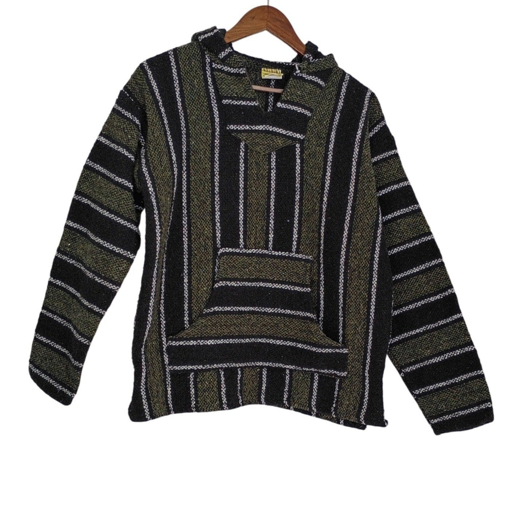 Baja Hoodie Mexican Blanket Womens L Striped Woven Surfer Boho Beach Pullover