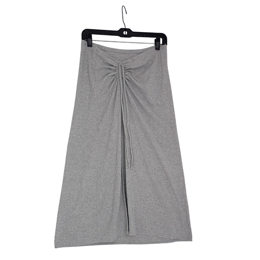 AERIE Ribbed Gray 100% Cotton Maxi Skirt M Drawstring Front Slit Coastal Boho