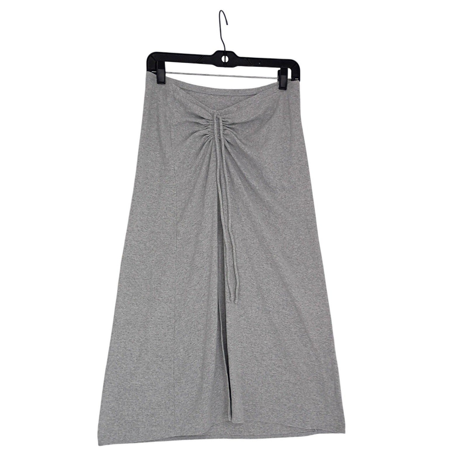 AERIE Ribbed Gray 100% Cotton Maxi Skirt M Drawstring Front Slit Coastal Boho