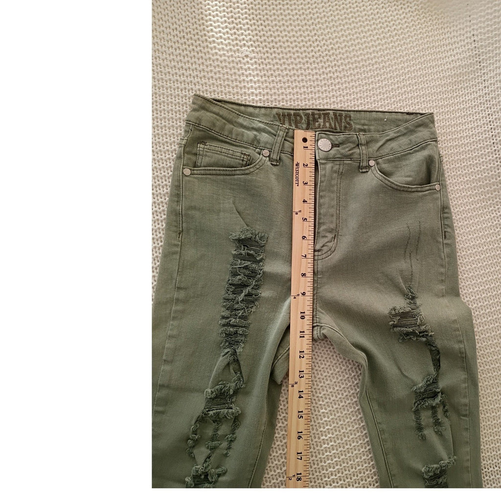 VIP JEANS Women's Olive Green Distressed Ripped Skinny Jeans Edgy Streetwear 28