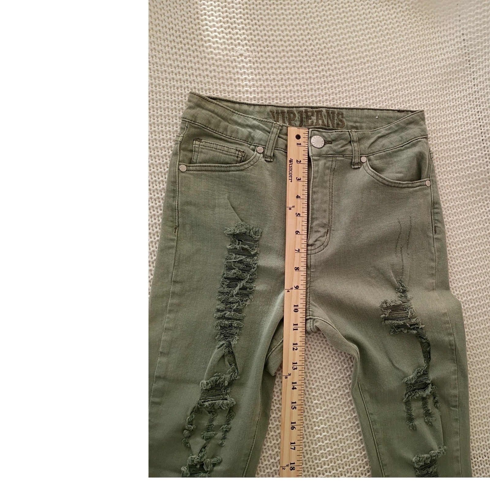 VIP JEANS Women's Olive Green Distressed Ripped Skinny Jeans Edgy Streetwear 28