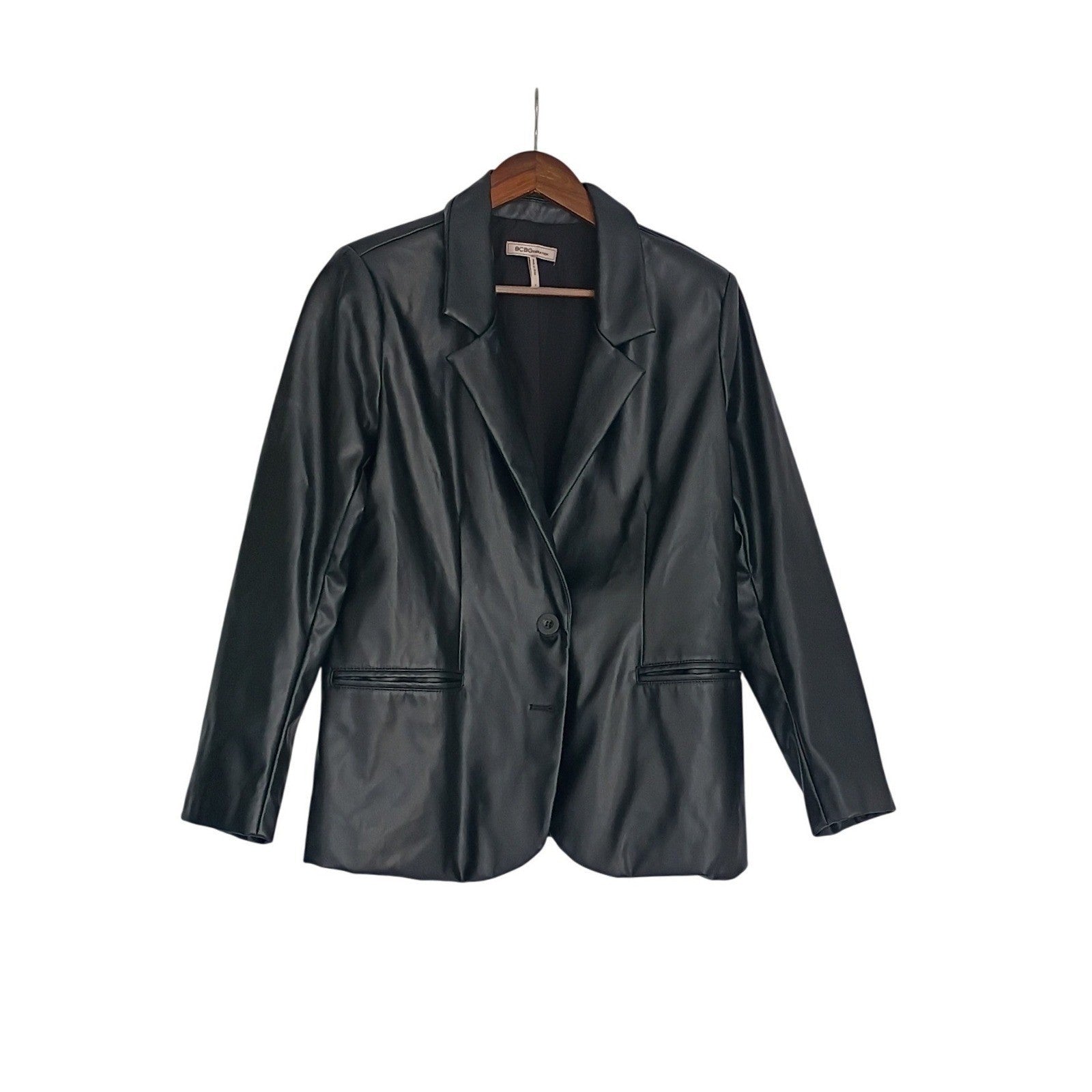 BCBGeneration Black Faux Leather Blazer Jacket S Small 38 Single Button Y2K Chic