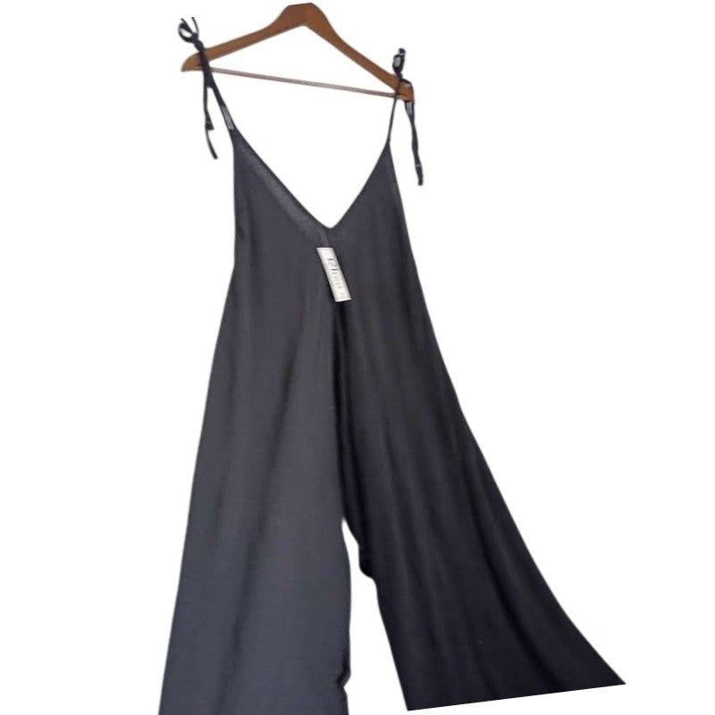 NWT RHEA Black Wide Leg Jumper Romper OS Shoulder Tie Handmade Jumpsuit BOHO