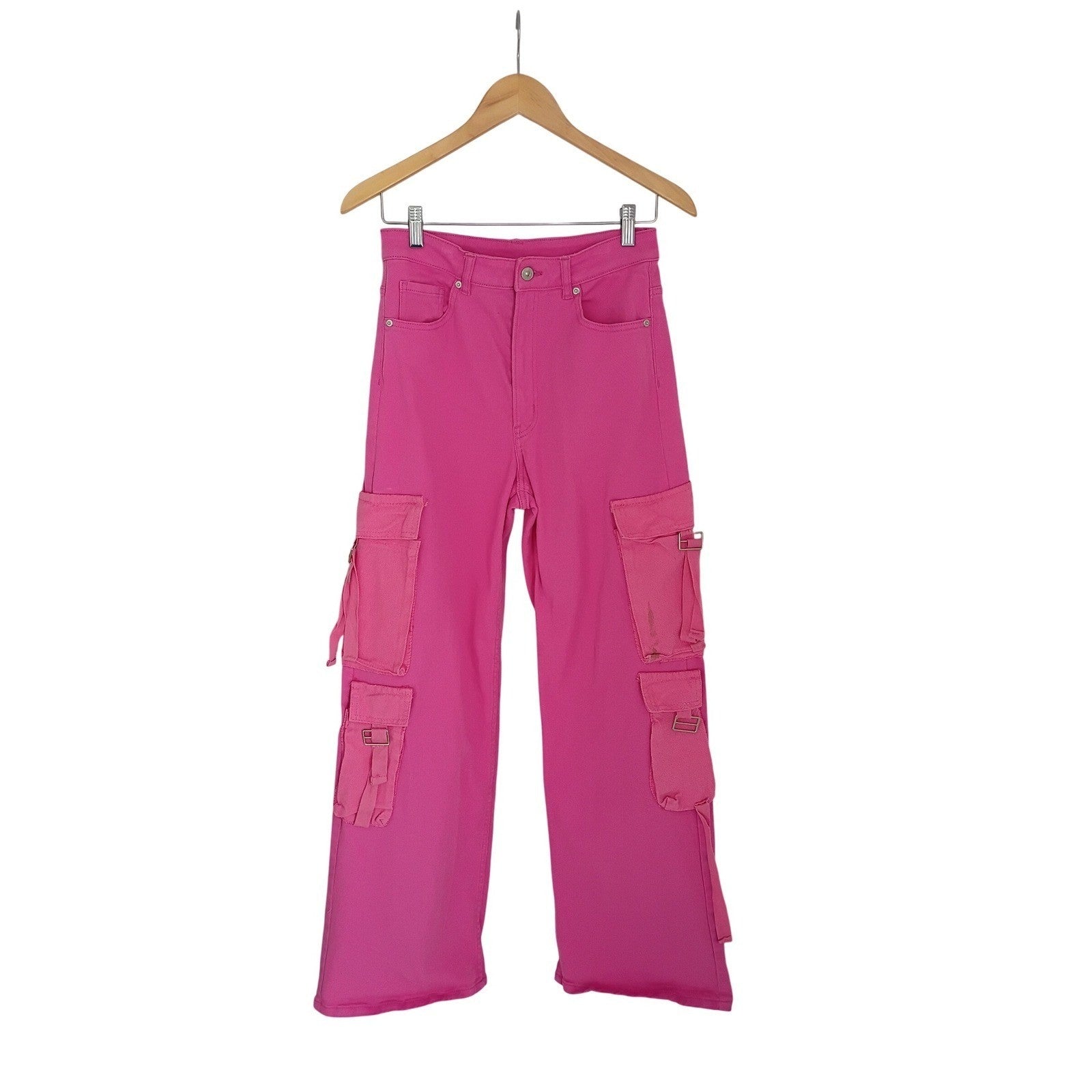 Hot Pink Cargo Jeans Wide Leg High Waisted Denim Pants