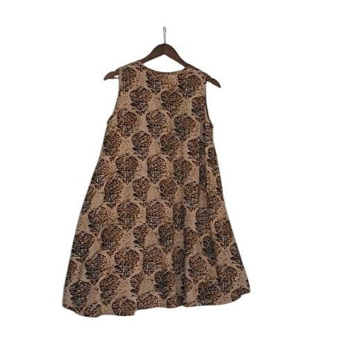 NWT RHEA Earthy Tan Orange Floral Tree Shift Dress S/M Artisan Boho Viscose