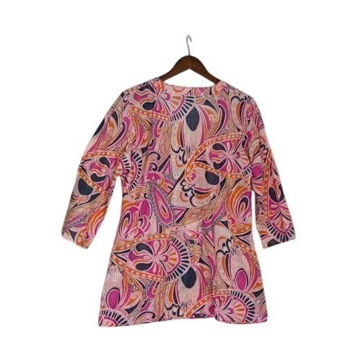 Liz Claiborne 100% Cotton Tunic Top Pink Orange Paisley 3/4 Sleeve V-Neck Fits L