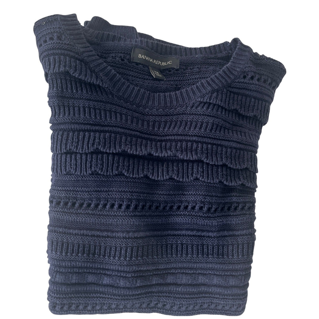 Banana Republic Navy Blue Cotton Blend Textured Knit Ruffle Sweater Fits S NWOT