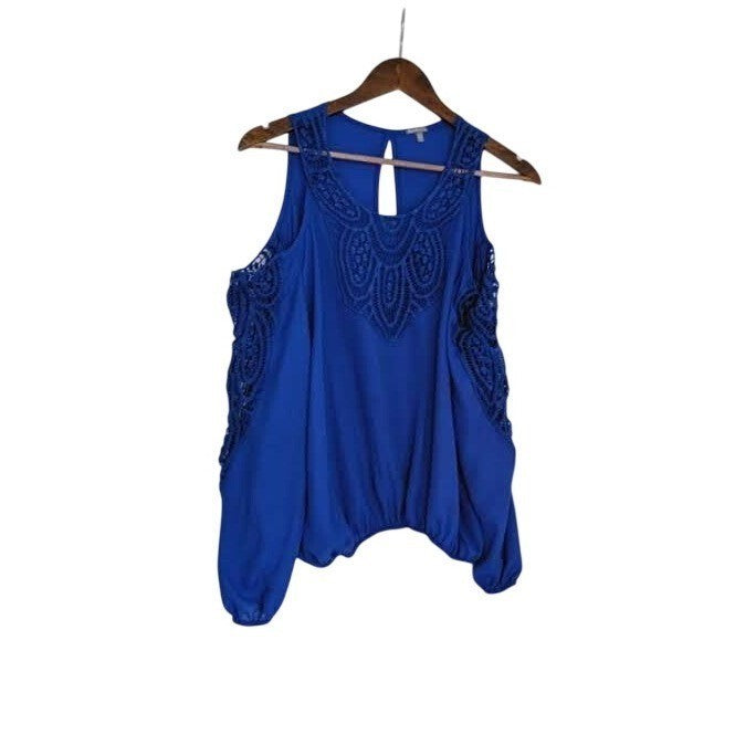 Vintage Charlotte Russe Y2K Royal Blue Cold Shoulder Crochet Lace Top L Festival