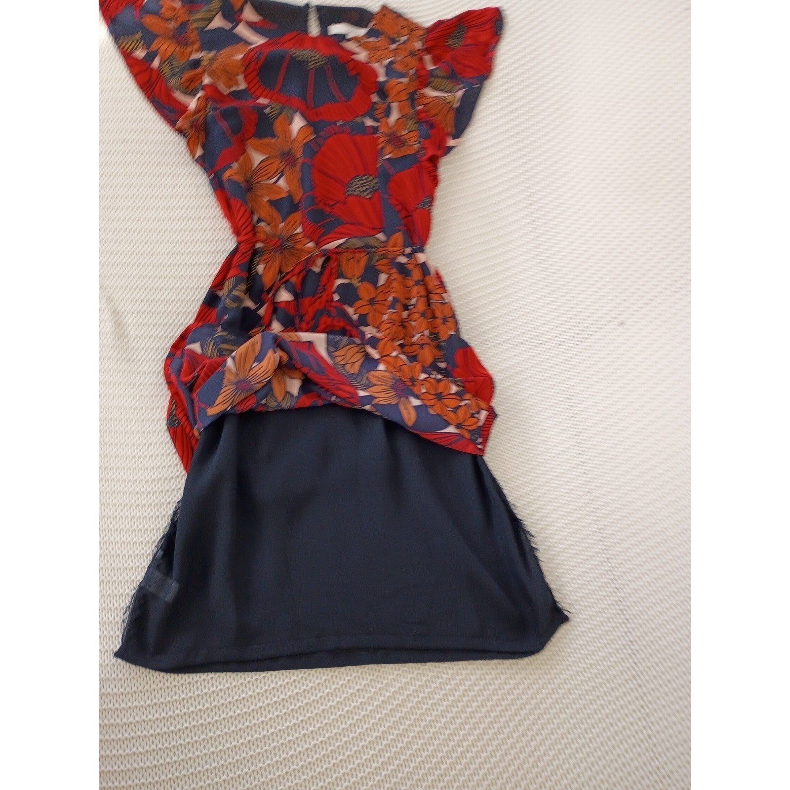 LOFT Poppy Floral Flutter Sleeve Tie Waist Mini Dress S Black Orange Boho Summer