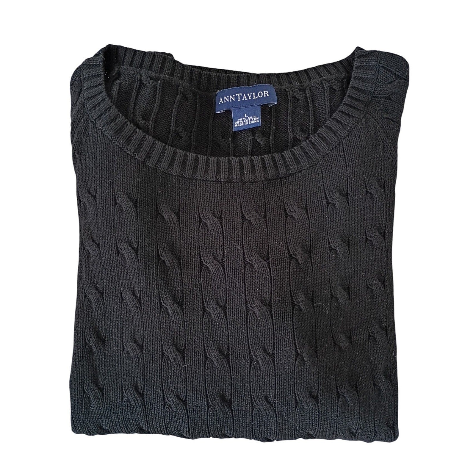 Ann Taylor Black Cable Knit 75% Silk Sweater Top Size S