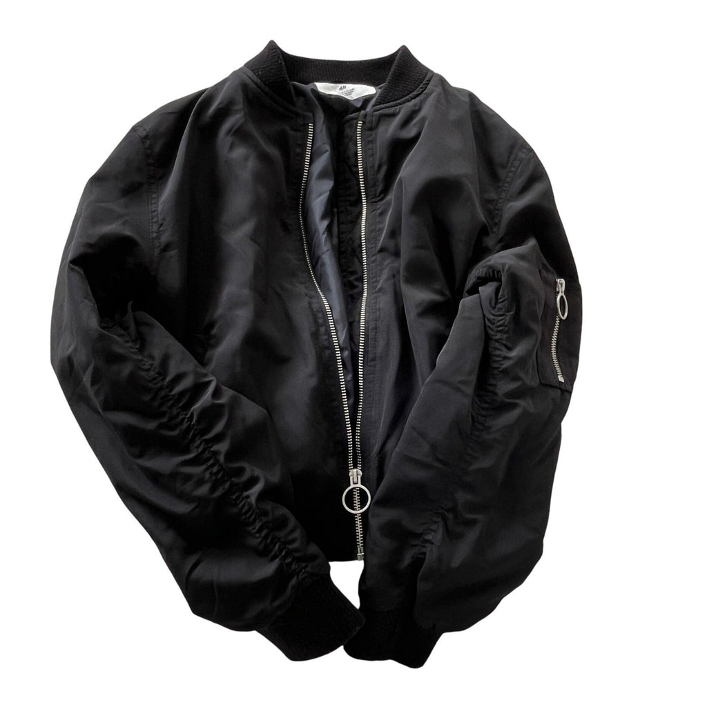 H M Black Bomber Jacket Full Zip Ring Detail Ribbed Cuffs Sz 10 11