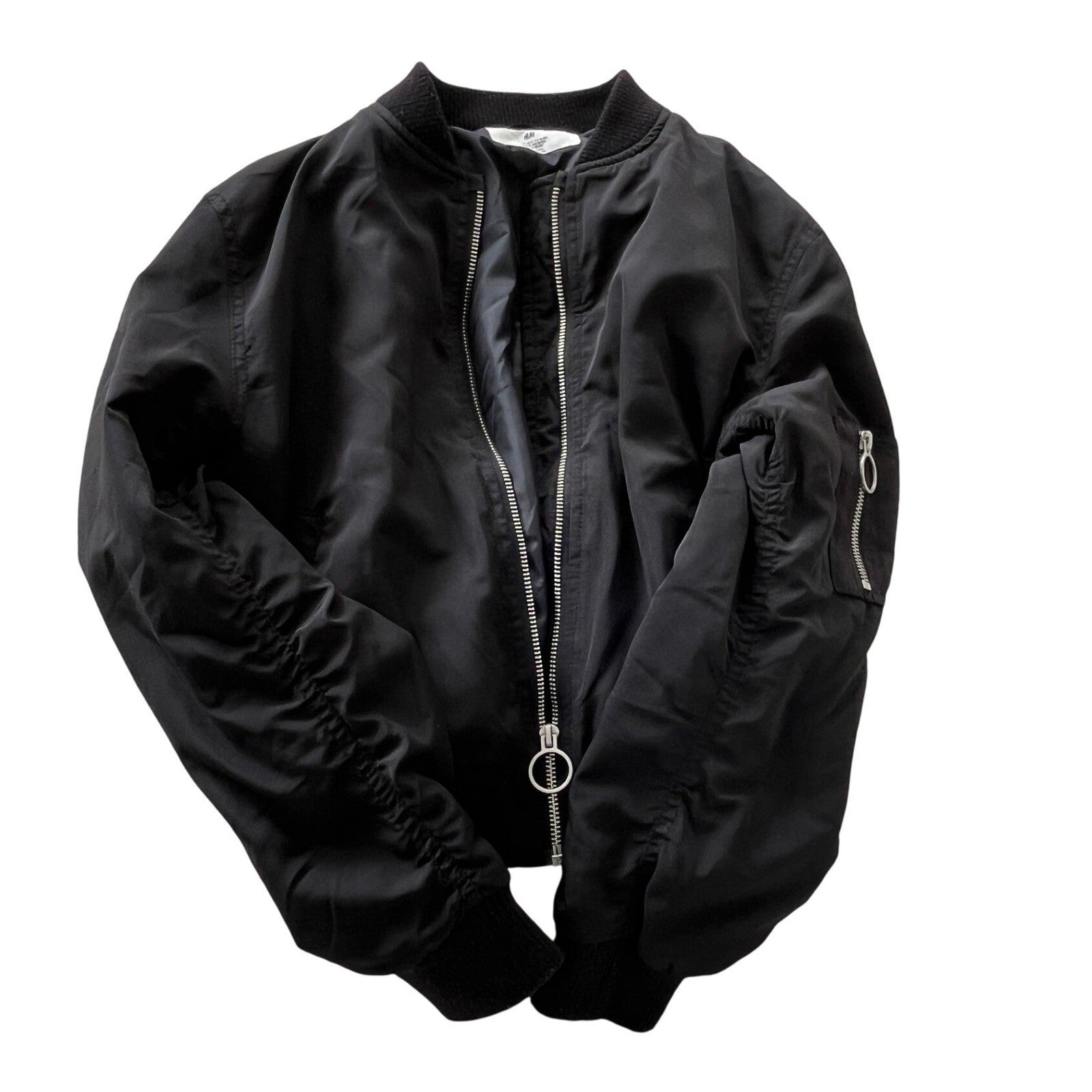 H M Black Bomber Jacket Full Zip Ring Detail Ribbed Cuffs Sz 10 11