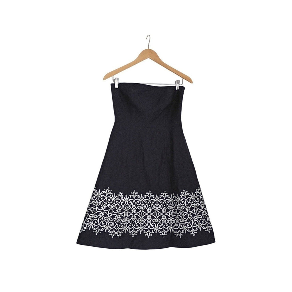 Ann Taylor Navy Blue Strapless Embroidered A-Line Dress Small 100% Cotton Summer