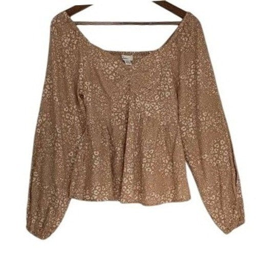 Japna Leopard Print Smocked Peplum Top M NWT Square Neck Long Slve Peasant Boho