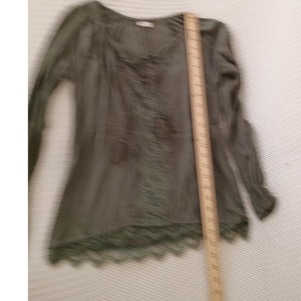 Hollister Olive Cotton Gauze Lace Up Boho Blouse Crochet Trim Long Sleeve S