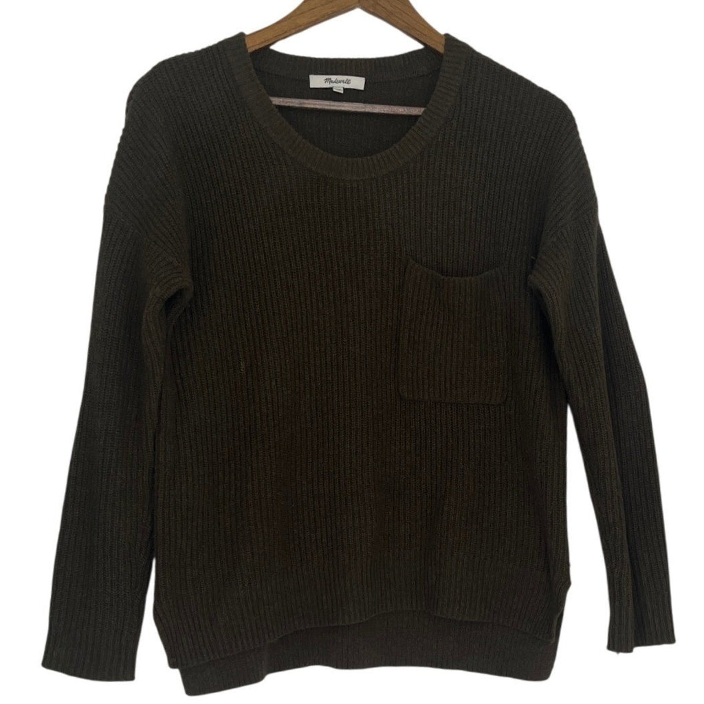 Madewell Olive Green Ribbed Pocket Sweater Cotton Blend Long Sleeve Minimalist S
