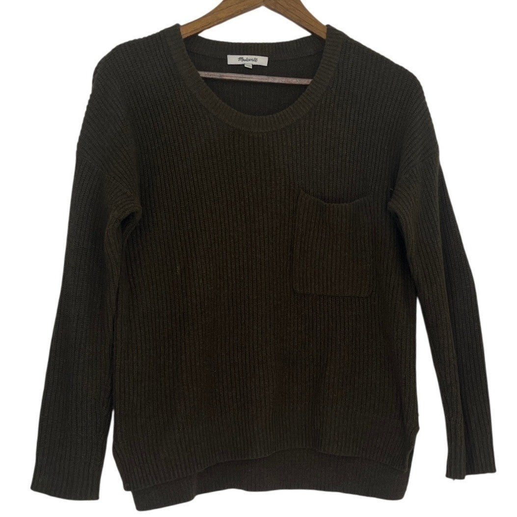 Madewell Olive Green Ribbed Pocket Sweater Cotton Blend Long Sleeve Minimalist S