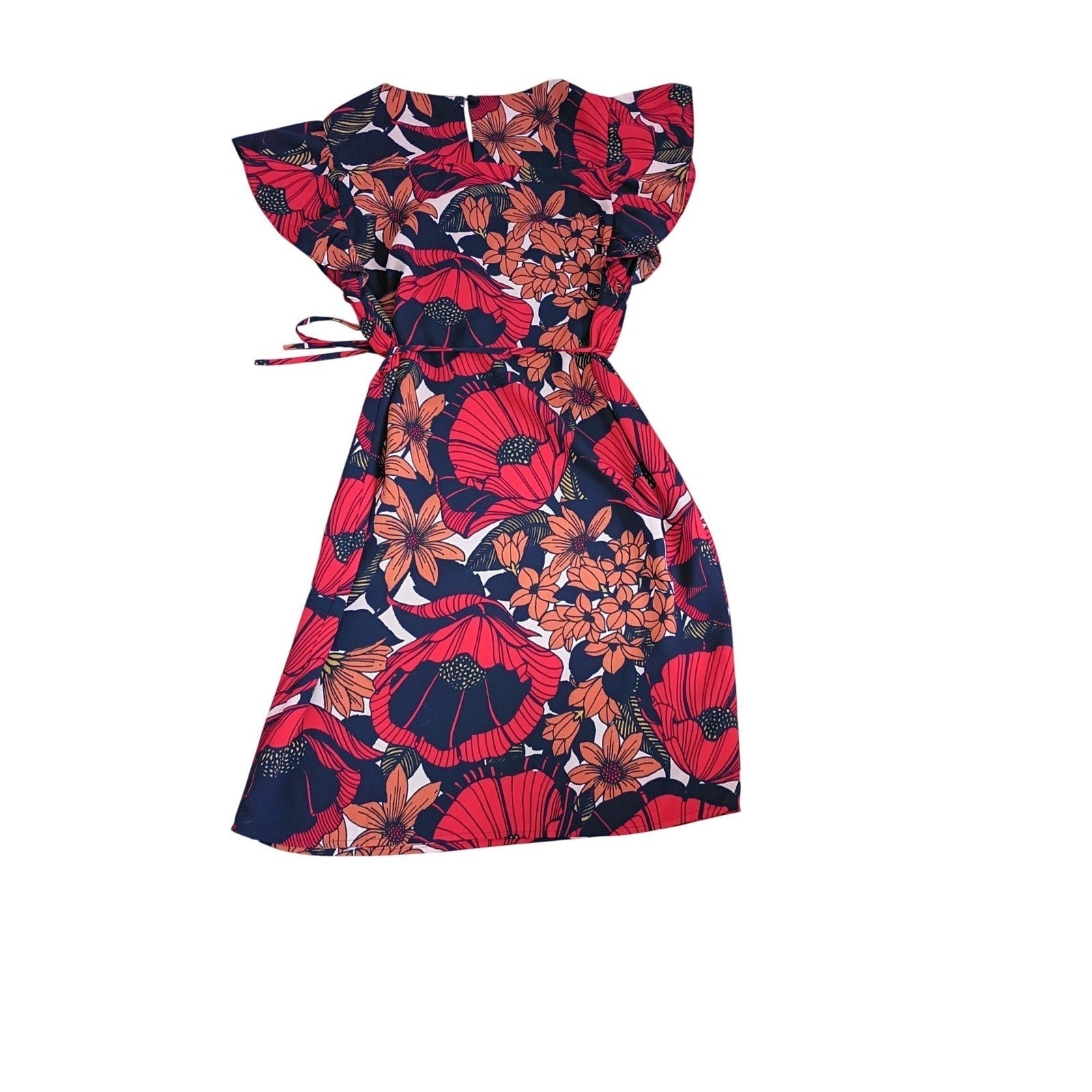 LOFT Poppy Floral Flutter Sleeve Tie Waist Mini Dress S Black Orange Boho Summer